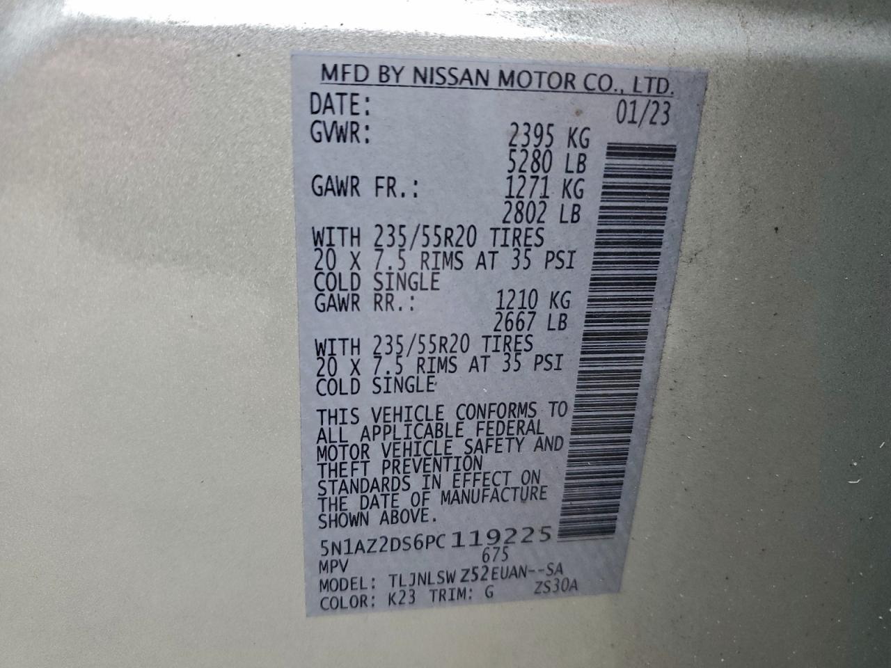 2023 Nissan Murano Platinum VIN: 5N1AZ2DS6PC119225 Lot: 94057665