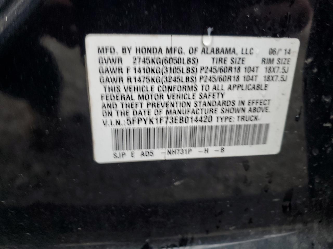 2014 Honda Ridgeline Sport VIN: 5FPYK1F73EB014420 Lot: 93370285