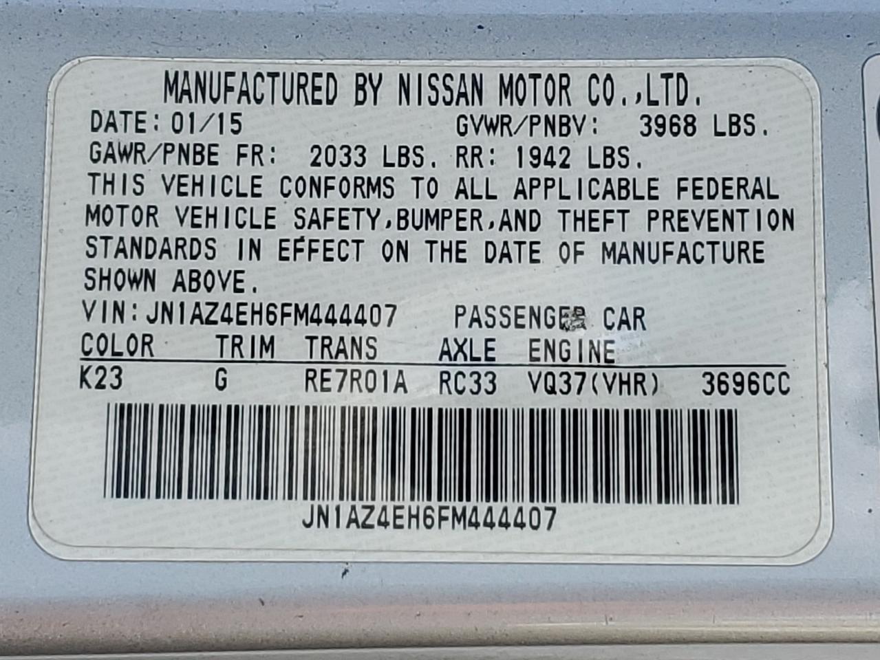 2015 Nissan 370Z Base VIN: JN1AZ4EH6FM444407 Lot: 92760755