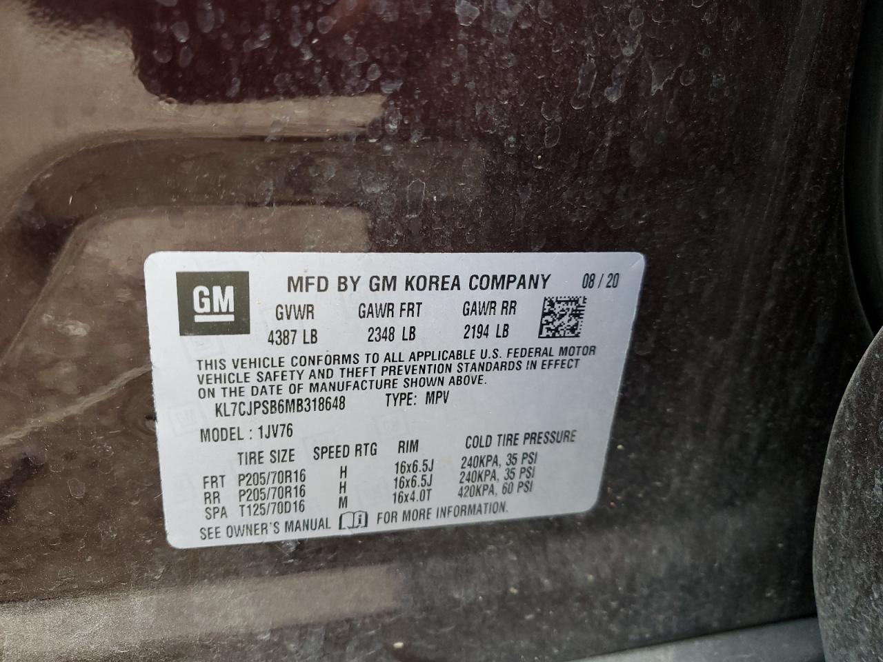 2021 Chevrolet Trax 1Lt VIN: KL7CJPSB6MB318648 Lot: 91378525