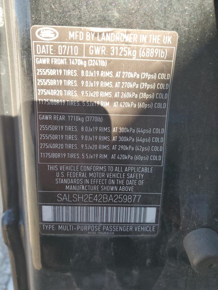 2011 Land Rover Range Rover Sport Sc VIN: SALSH2E42BA259877 Lot: 89683165