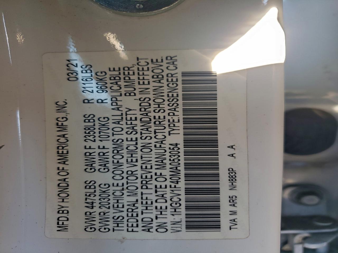 2021 Honda Accord Sport Se VIN: 1HGCV1F40MA053054 Lot: 94548495