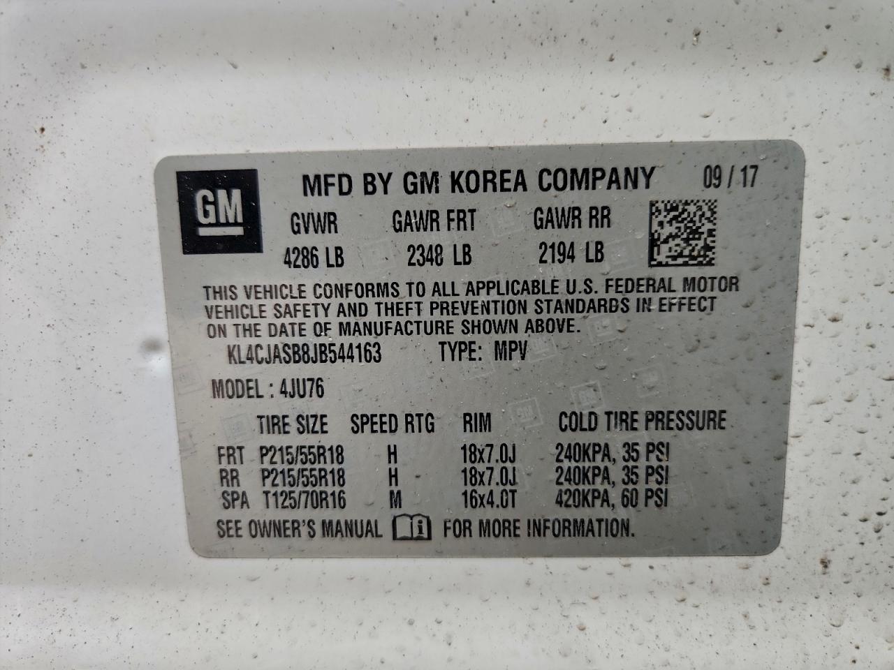 2018 Buick Encore Preferred VIN: KL4CJASB8JB544163 Lot: 85440155