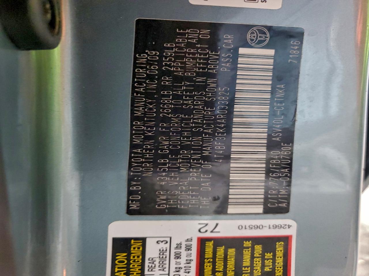 2010 Toyota Camry Base VIN: 4T4BF3EK4AR033825 Lot: 94447575