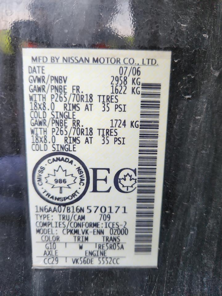 2006 Nissan Titan Xe VIN: 1N6AA07B16N570171 Lot: 92938095