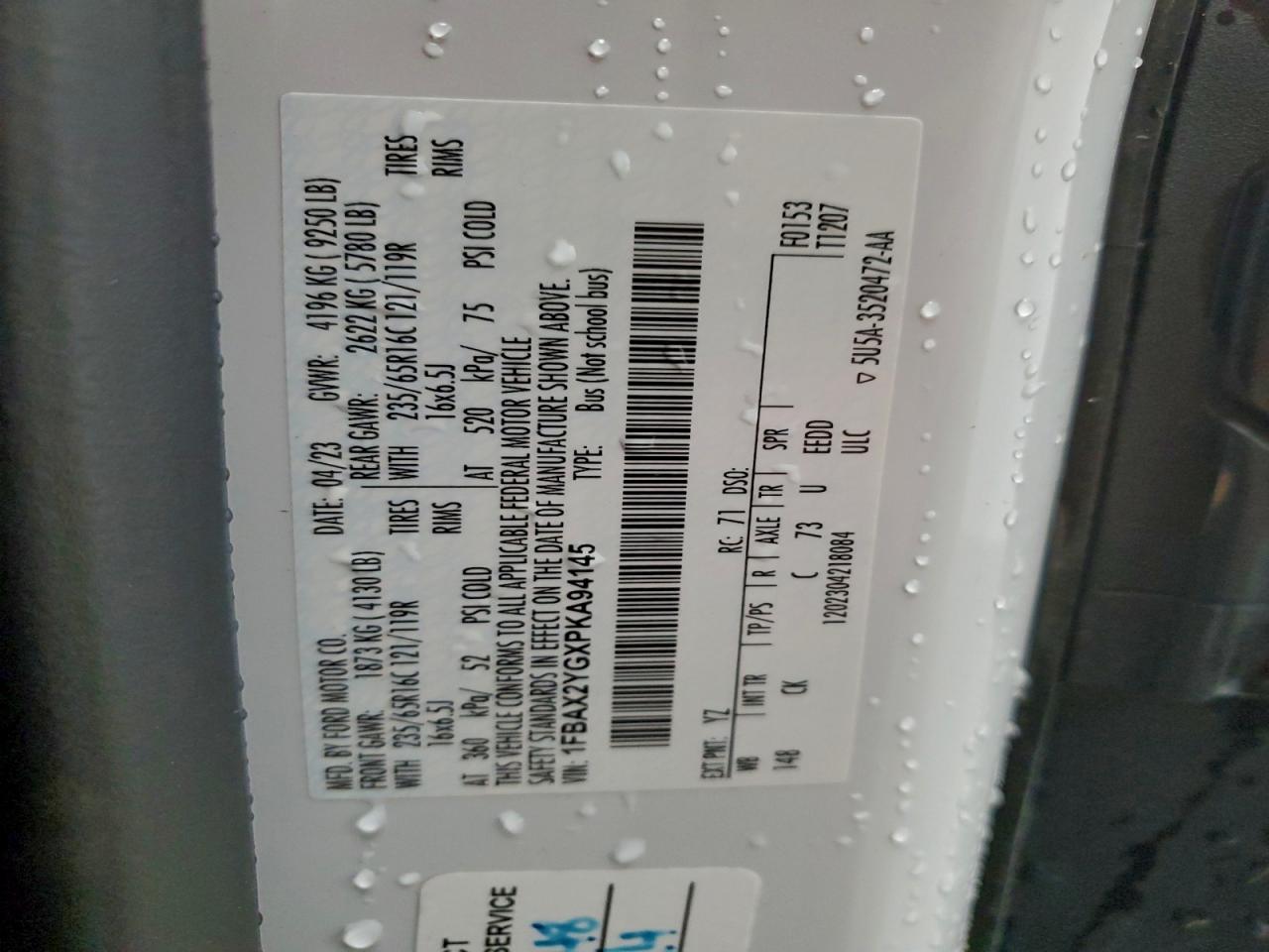 2023 Ford Transit T-350 VIN: 1FBAX2YGXPKA94145 Lot: 94169395