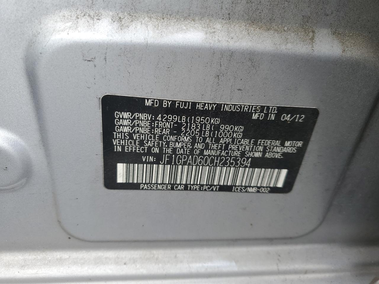 2012 Subaru Impreza Premium VIN: JF1GPAD60CH235394 Lot: 92048725