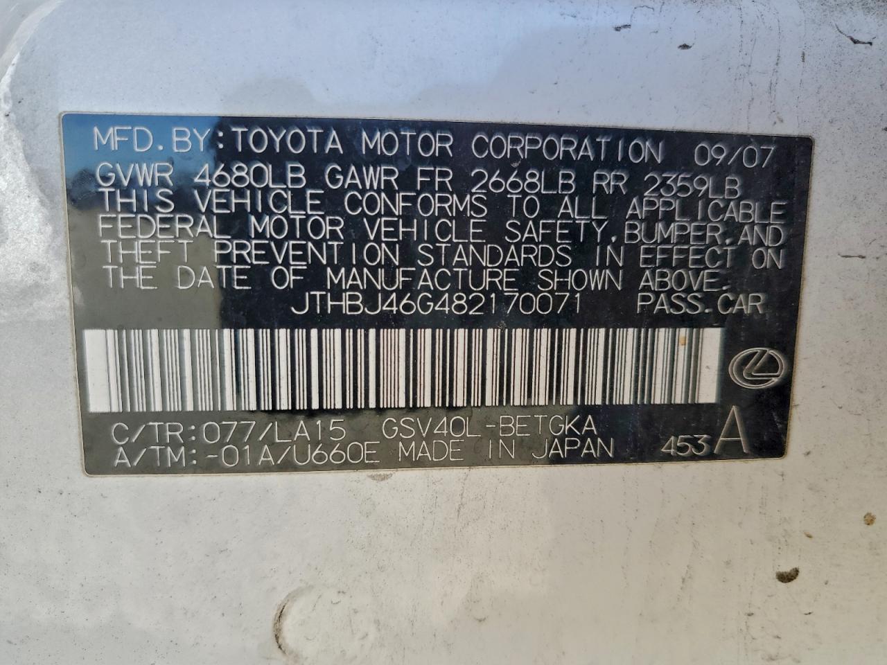 2008 Lexus Es 350 VIN: JTHBJ46G482170071 Lot: 94478375