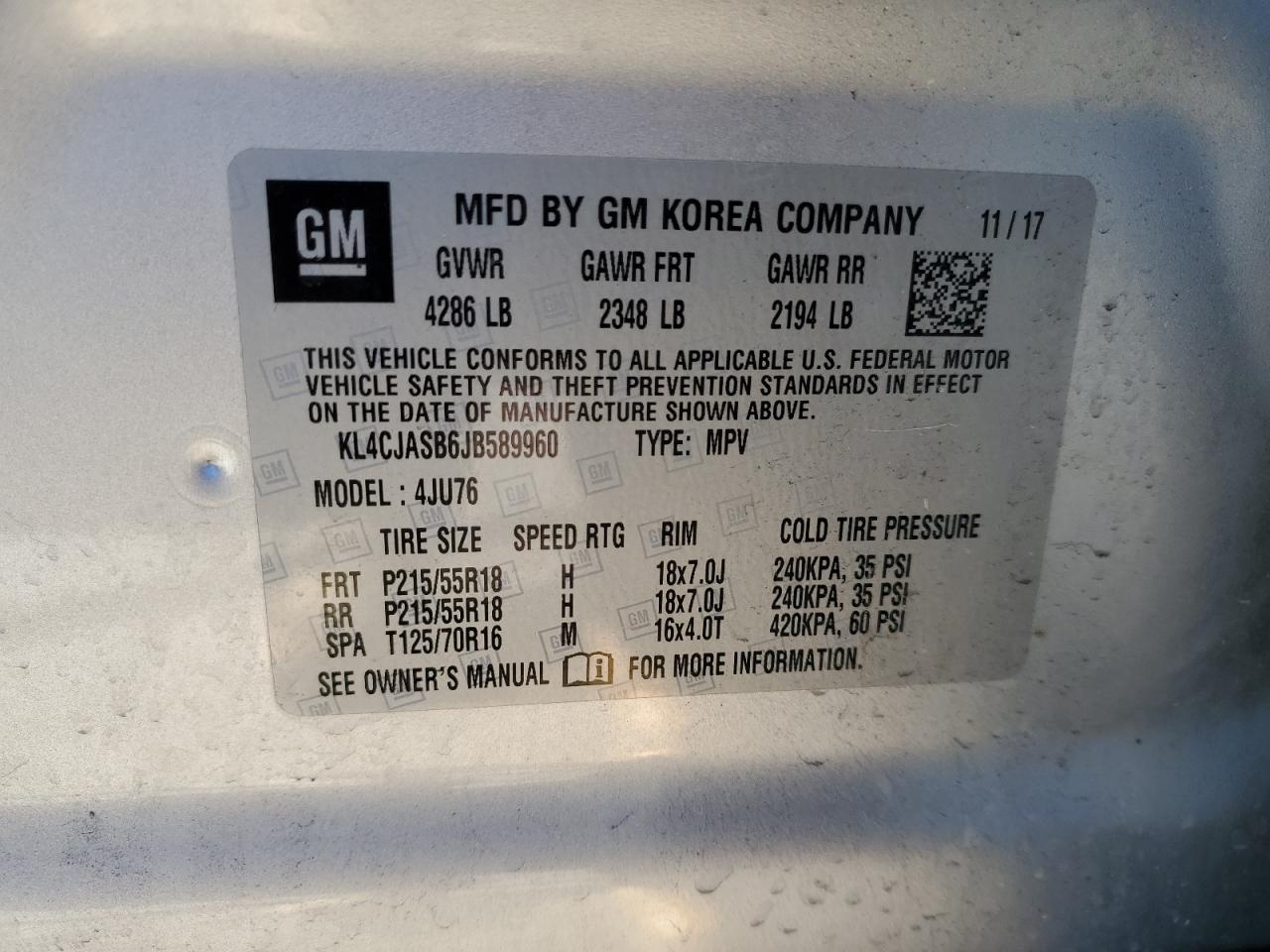 2018 Buick Encore Preferred VIN: KL4CJASB6JB589960 Lot: 93260795