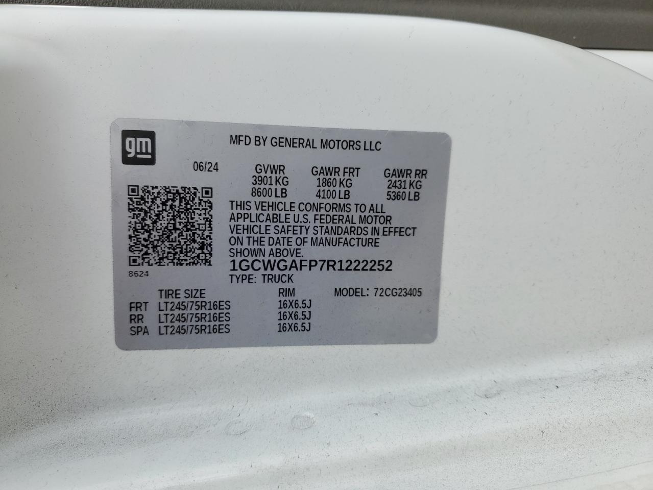 2024 Chevrolet Express G2500 VIN: 1GCWGAFP7R1222252 Lot: 91329365