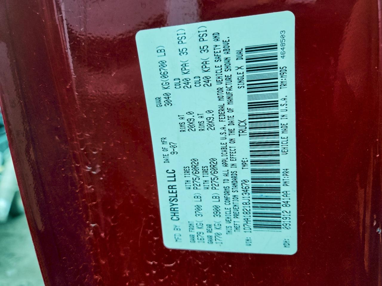 2008 Dodge Ram 1500 St VIN: 1D7HA18218J134670 Lot: 93944975