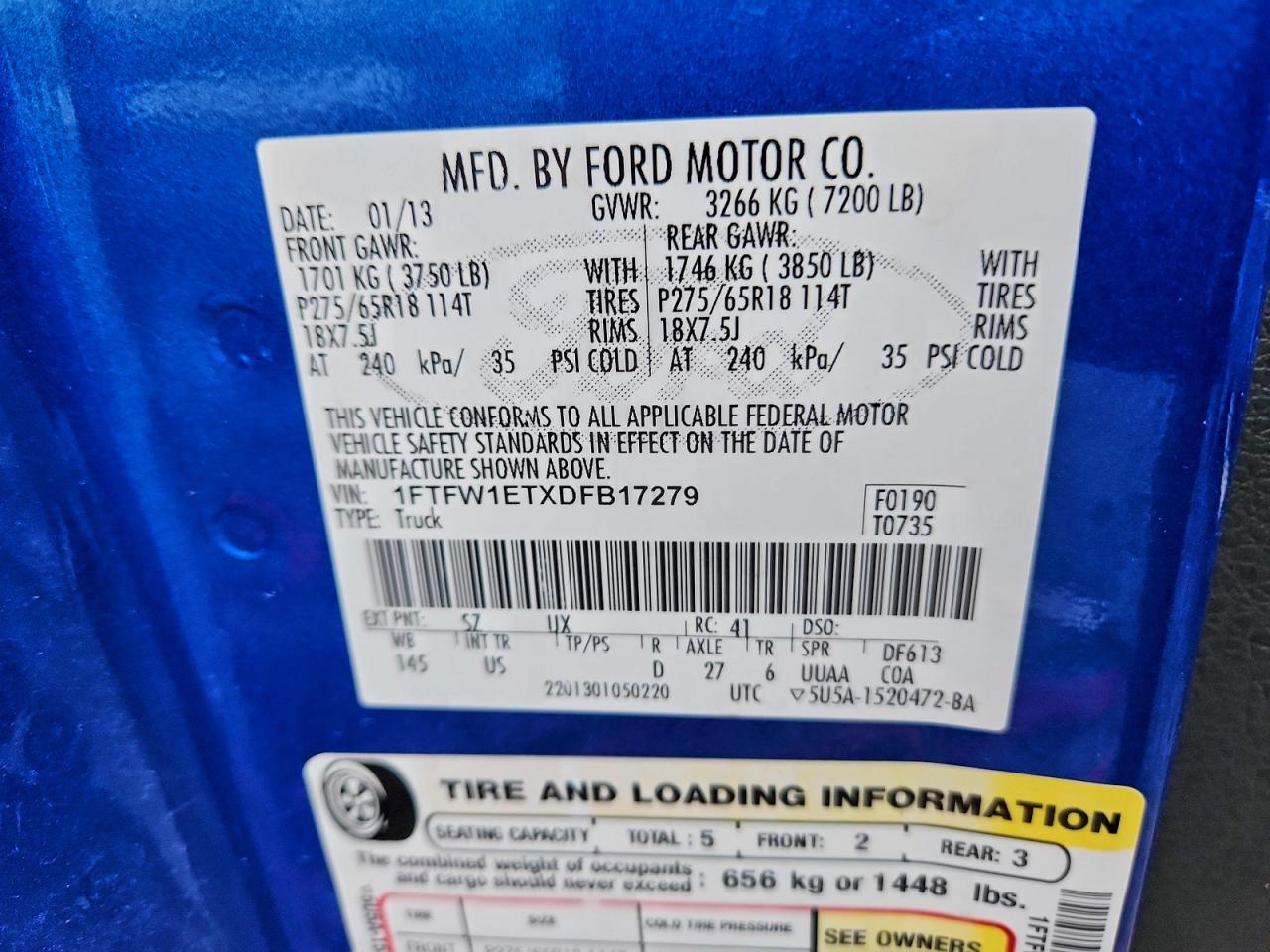 2013 Ford F150 Supercrew VIN: 1FTFW1ETXDFB17279 Lot: 94276125