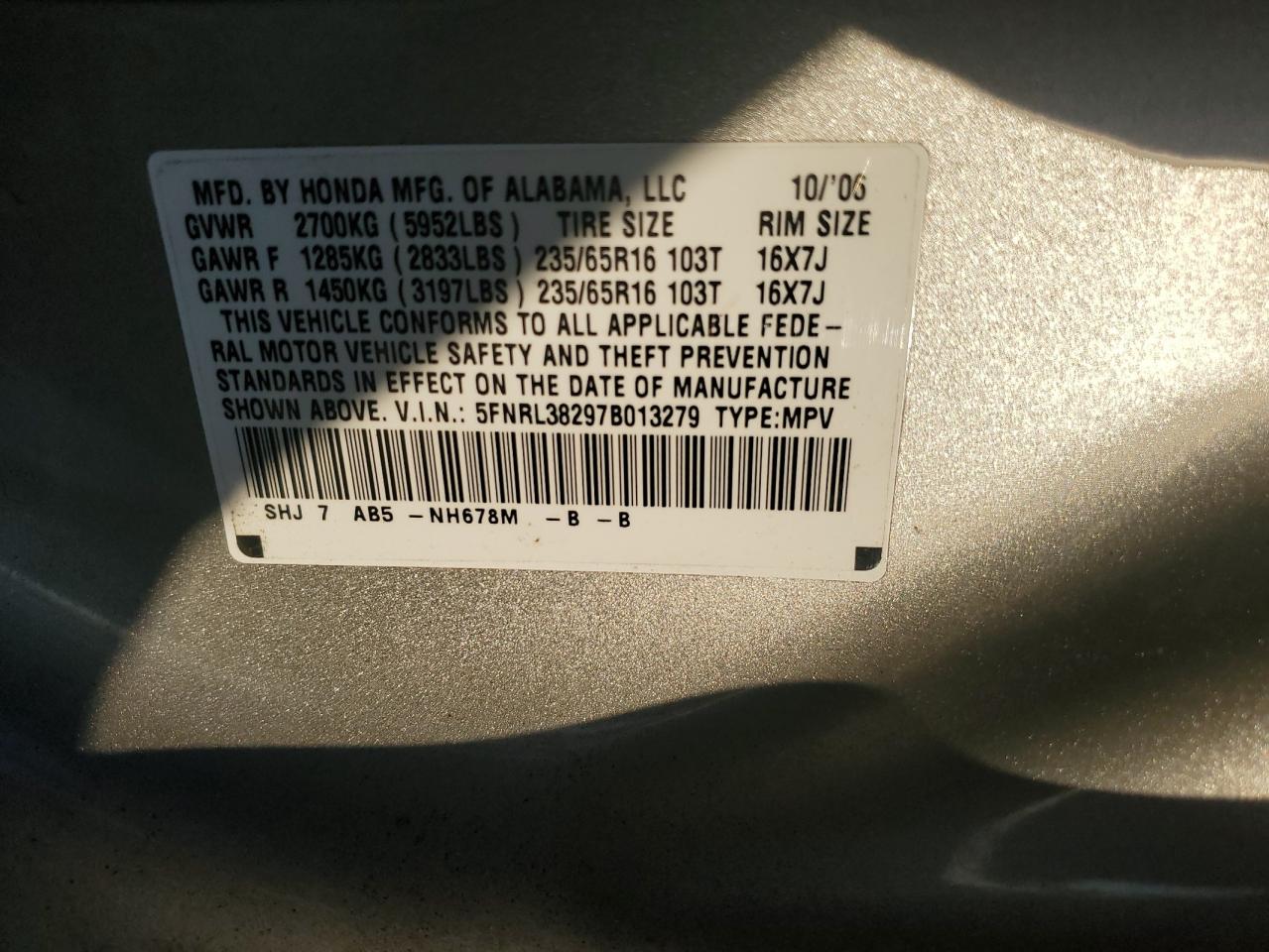 2007 Honda Odyssey Lx VIN: 5FNRL38297B013279 Lot: 91650655