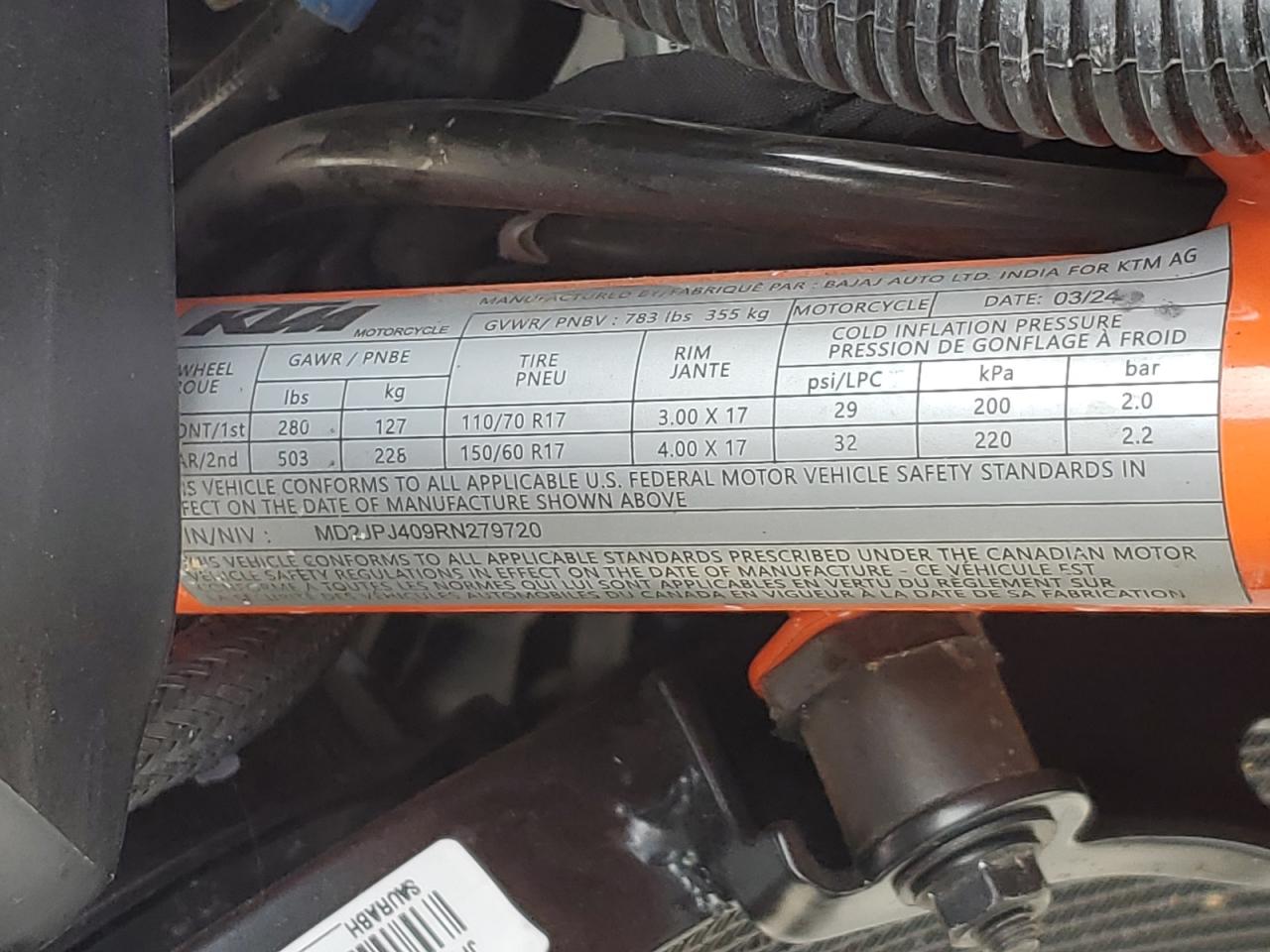 2024 Ktm 390 Duke VIN: MD2JPJ409RN279720 Lot: 92347895