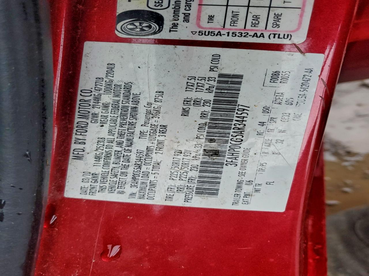 2010 Ford Fusion Sel VIN: 3FAHP0CG5AR344597 Lot: 94395915