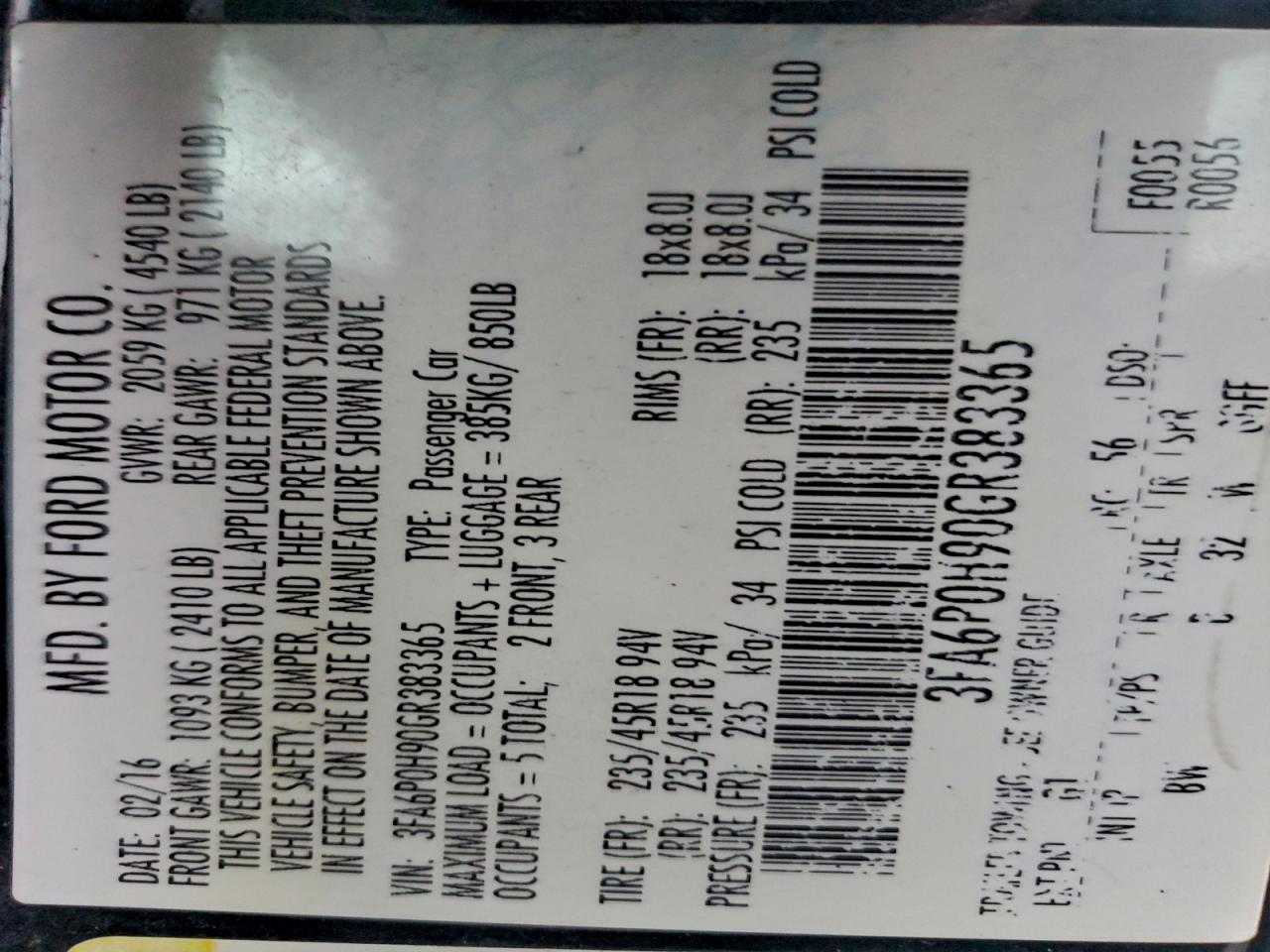 2016 Ford Fusion Se VIN: 3FA6P0H90GR383365 Lot: 93993925