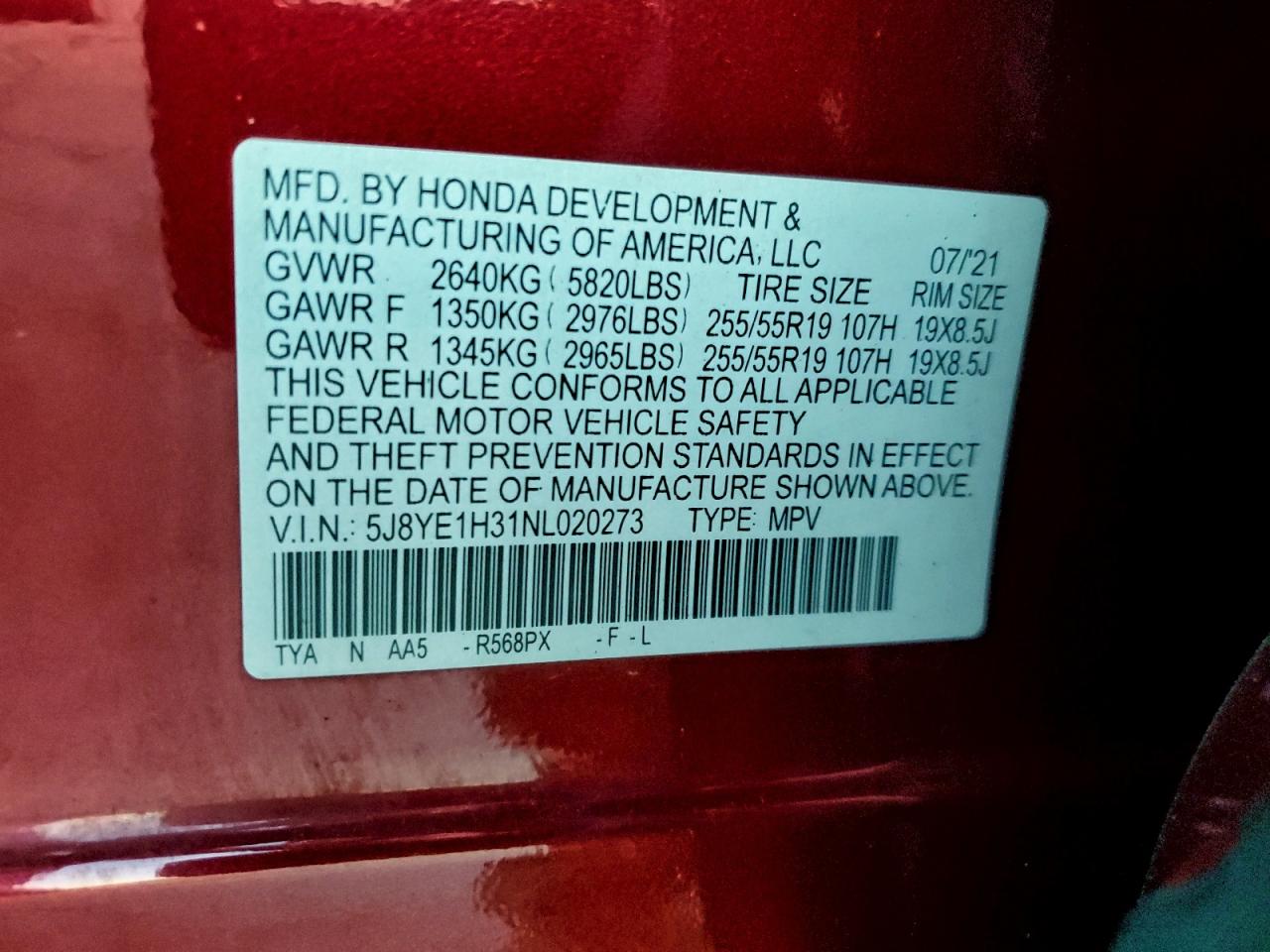 2022 Acura Mdx VIN: 5J8YE1H31NL020273 Lot: 93824385
