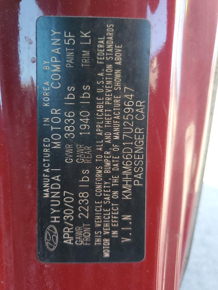 2007 Hyundai Tiburon Gs VIN: KMHHM66D17U259647 Lot: 91197655