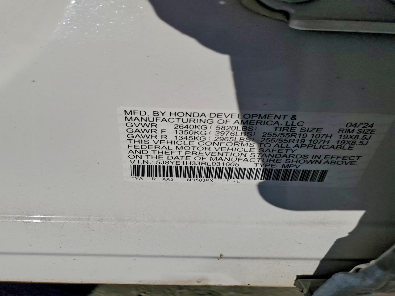 2024 Acura Mdx VIN: 5J8YE1H33RL031605 Lot: 94036875