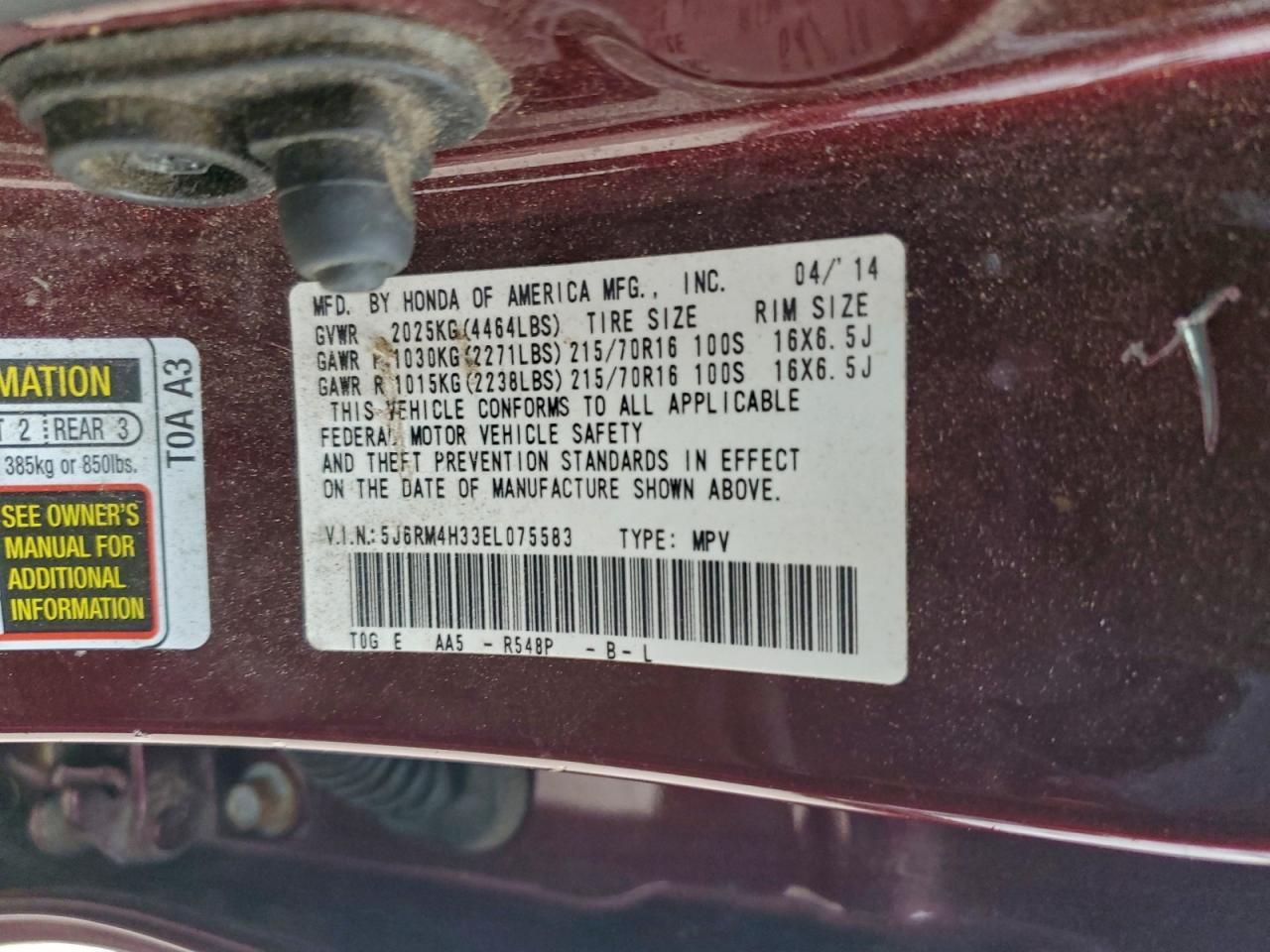 2014 Honda Cr-V Lx VIN: 5J6RM4H33EL075583 Lot: 93876905