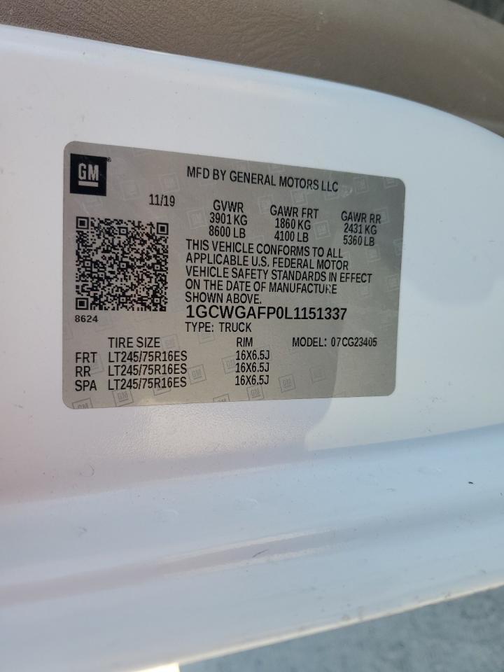 2020 Chevrolet Express G2500 VIN: 1GCWGAFP0L1151337 Lot: 92475615