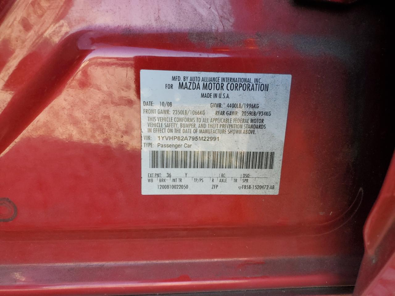 2009 Mazda 6 I VIN: 1YVHP82A795M22991 Lot: 93839465