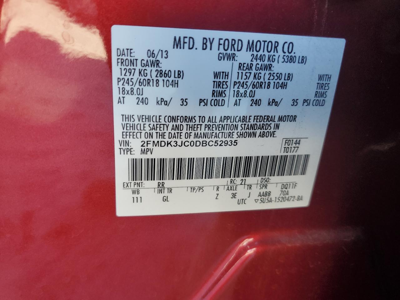 2013 Ford Edge Sel VIN: 2FMDK3JC0DBC52935 Lot: 92076705