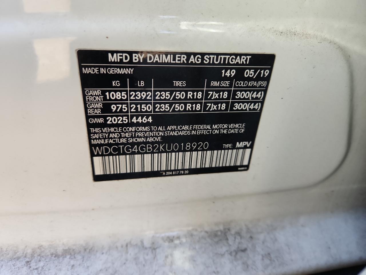 2019 Mercedes-Benz Gla 250 4Matic VIN: WDCTG4GB2KU018920 Lot: 91982645