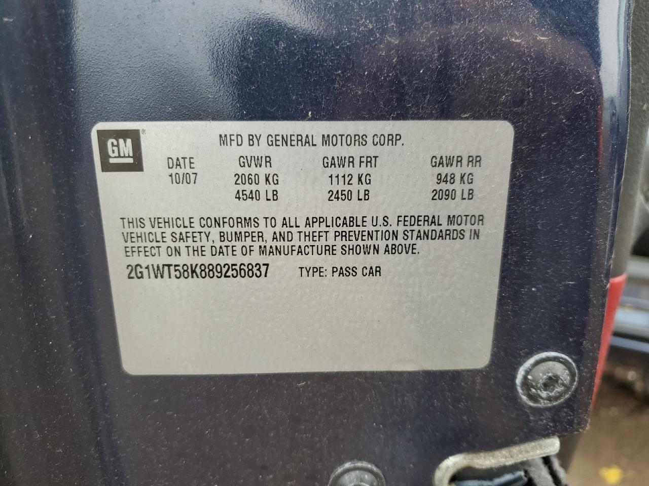 2008 Chevrolet Impala Lt VIN: 2G1WT58K889256837 Lot: 93773845