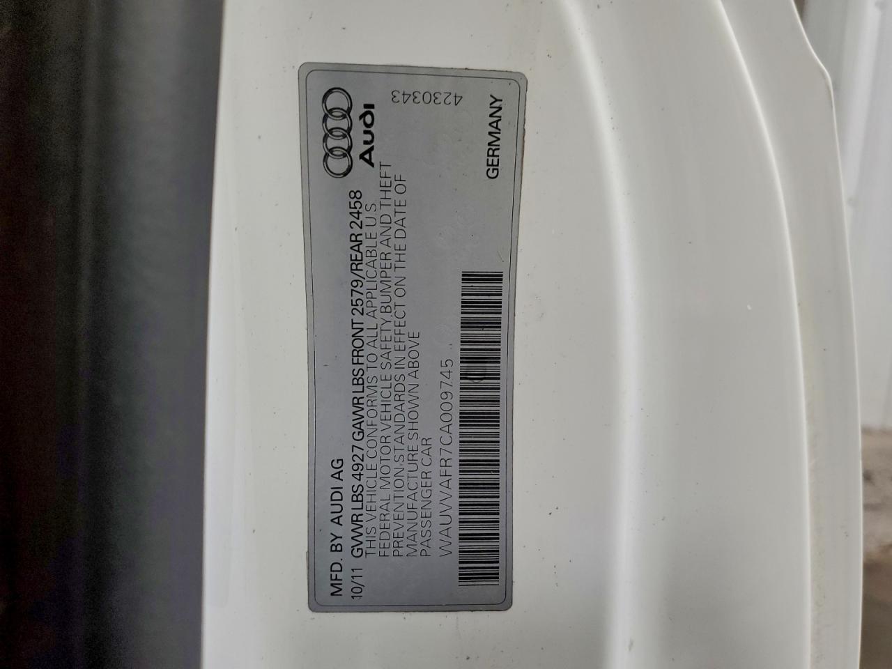 2012 Audi S5 Prestige VIN: WAUVVAFR7CA009745 Lot: 93998505