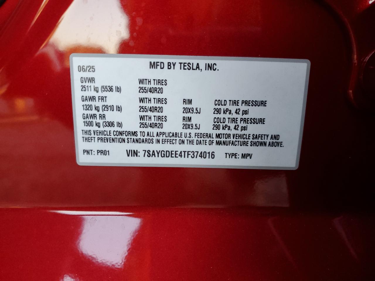 2026 Tesla Model Y VIN: 7SAYGDEE4TF374016 Lot: 92090435