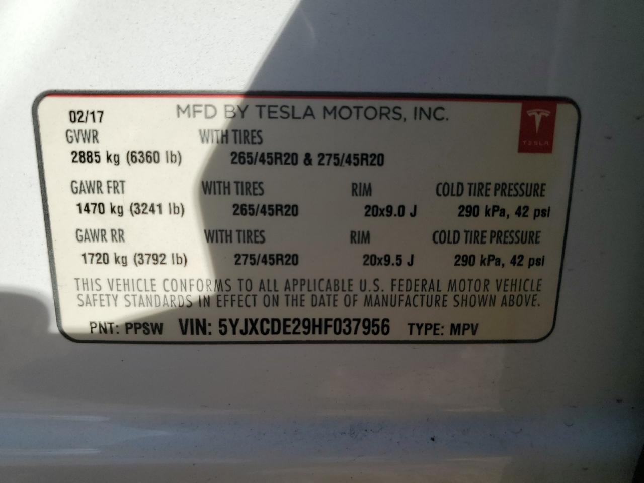 2017 Tesla Model X VIN: 5YJXCDE29HF037956 Lot: 87217735