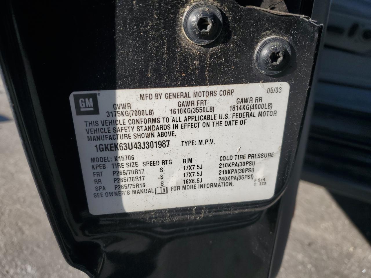 2003 GMC Yukon Denali VIN: 1GKEK63U43J301987 Lot: 91938225