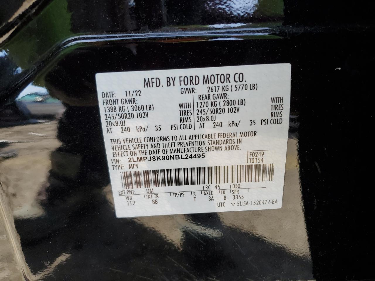 2022 Lincoln Nautilus Reserve VIN: 2LMPJ8K90NBL24495 Lot: 91475305