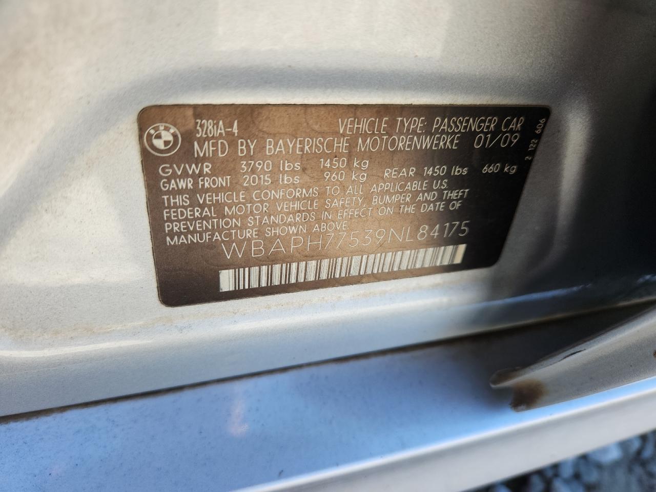 2009 BMW 328 I VIN: WBAPH77539NL84175 Lot: 91461275