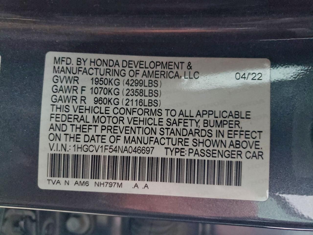 2022 Honda Accord Exl VIN: 1HGCV1F54NA046697 Lot: 94439015