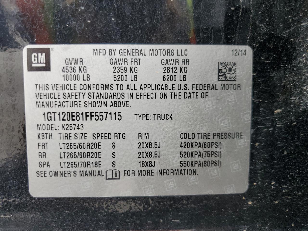 2015 GMC Sierra K2500 Denali VIN: 1GT120E81FF557115 Lot: 93437365