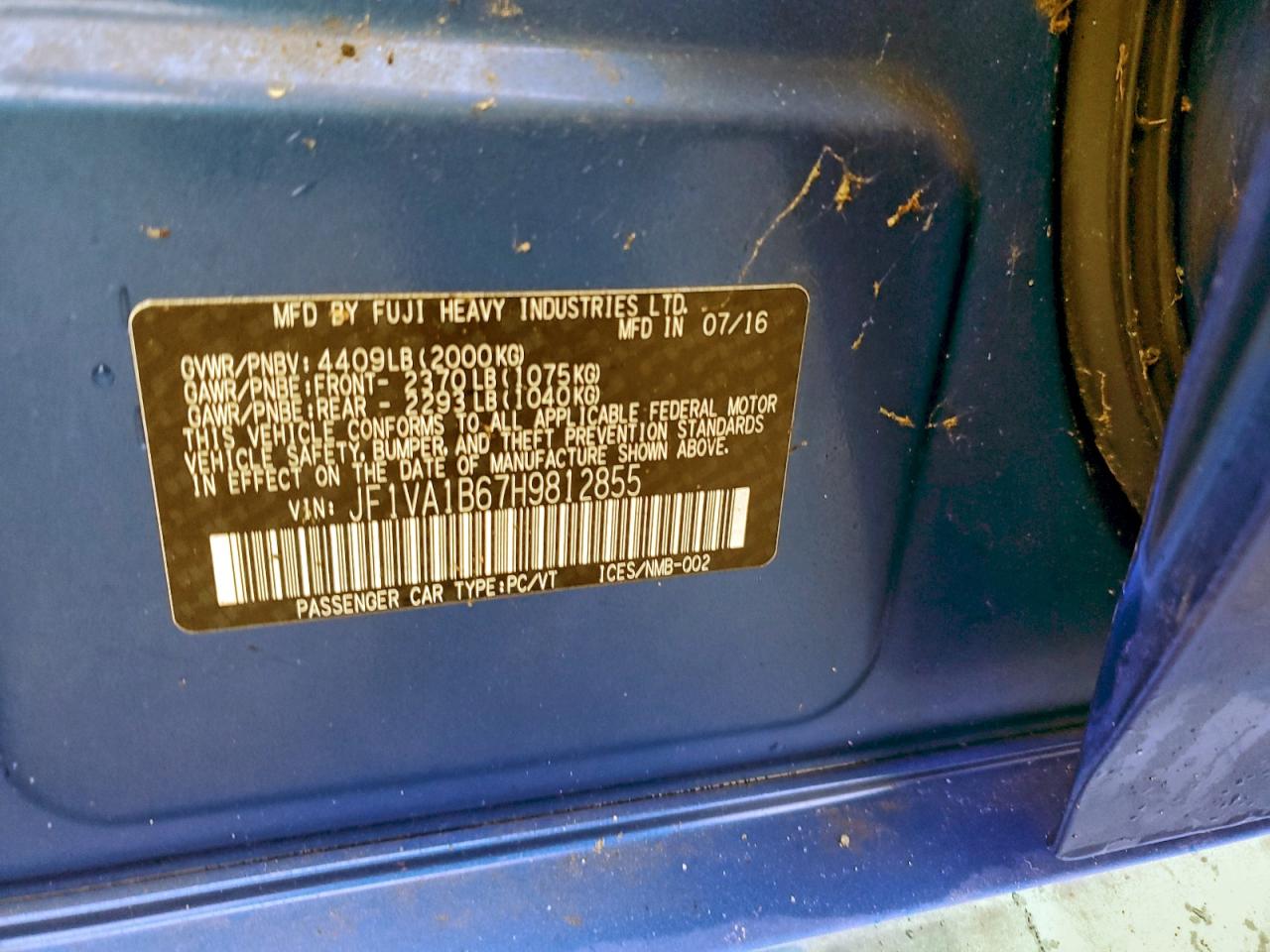 2017 Subaru Wrx VIN: JF1VA1B67H9812855 Lot: 94697335