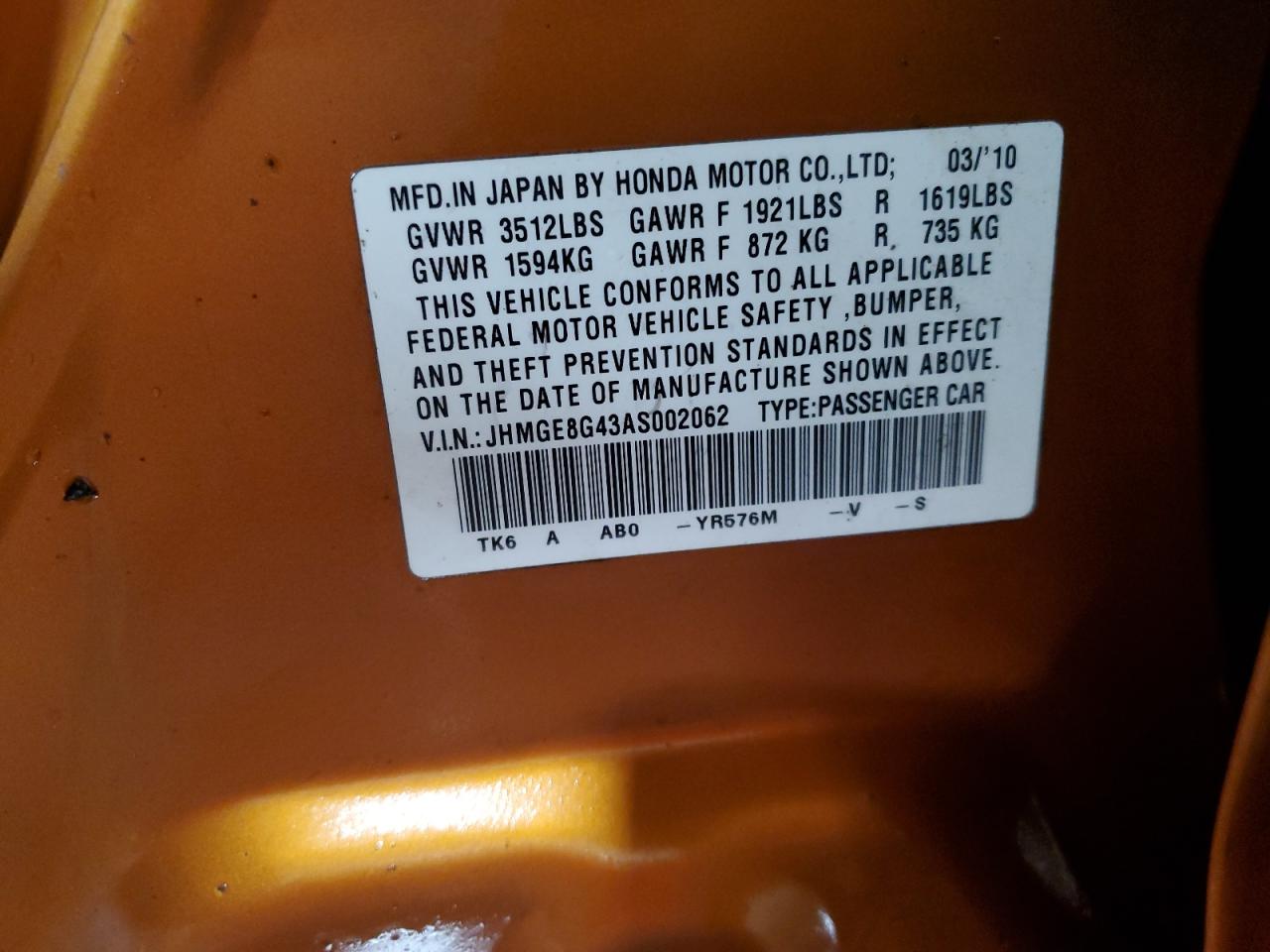 2010 Honda Fit Sport VIN: JHMGE8G43AS002062 Lot: 91933135