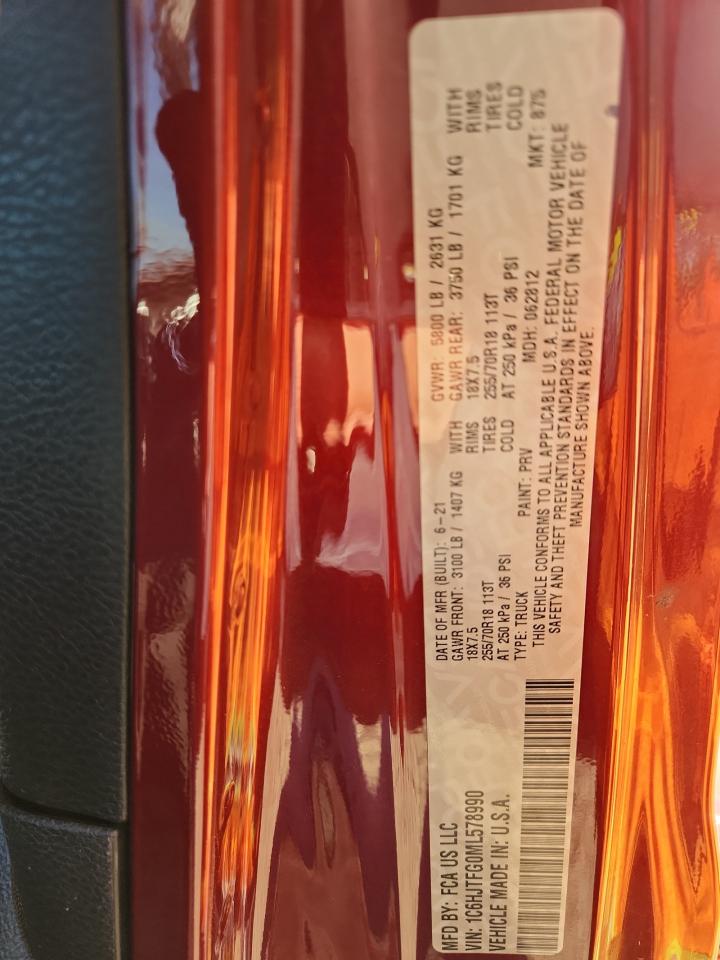 2021 Jeep Gladiator Overland VIN: 1C6HJTFG0ML578990 Lot: 91913205