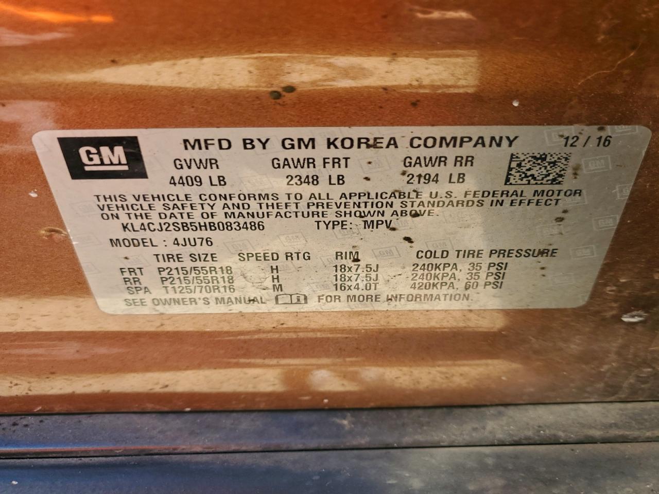 2017 Buick Encore Sport Touring VIN: KL4CJ2SB5HB083486 Lot: 93889995