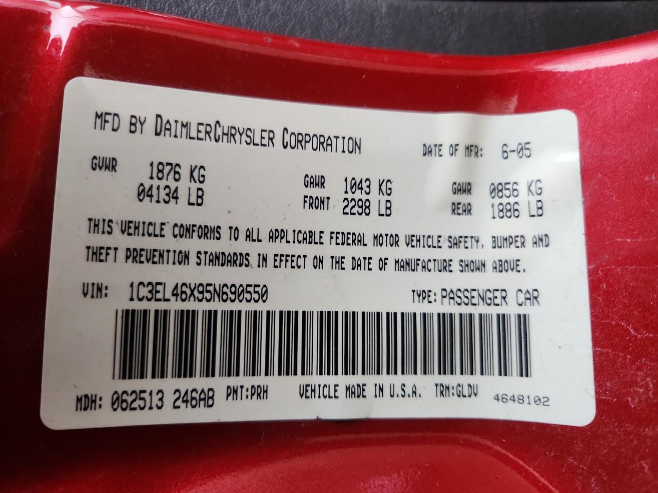 2005 Chrysler Sebring VIN: 1C3EL46X95N690550 Lot: 93635055