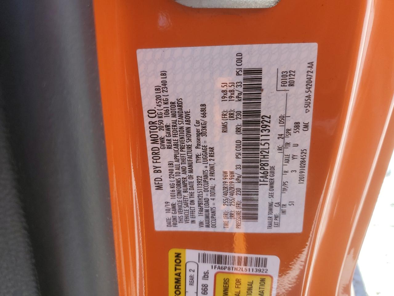 2020 Ford Mustang VIN: 1FA6P8TH2L5113922 Lot: 91072515