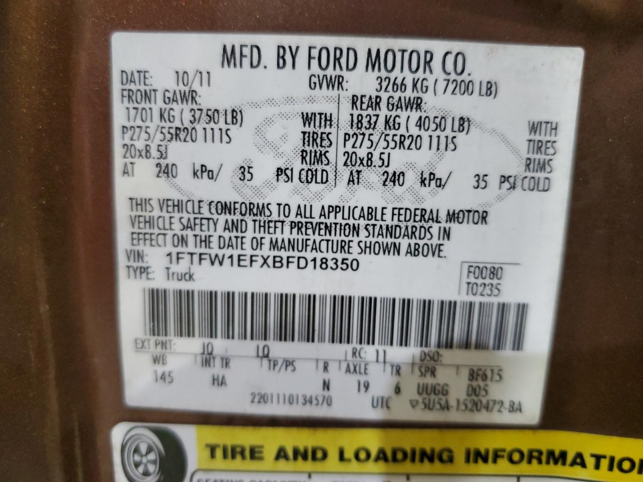 2011 Ford F150 Supercrew VIN: 1FTFW1EFXBFD18350 Lot: 93404945