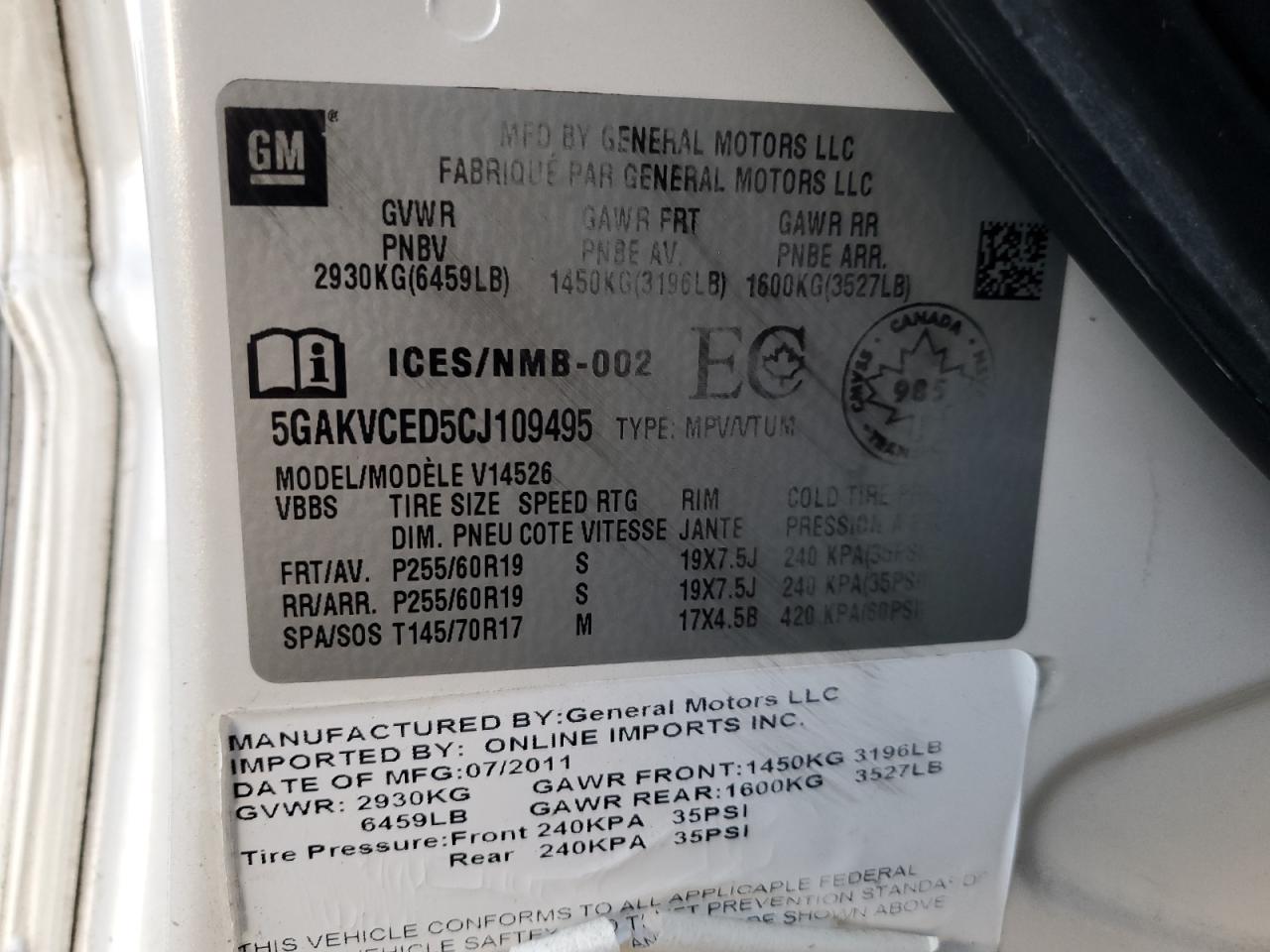 2012 Buick Enclave VIN: 5GAKVCED5CJ109495 Lot: 93753665