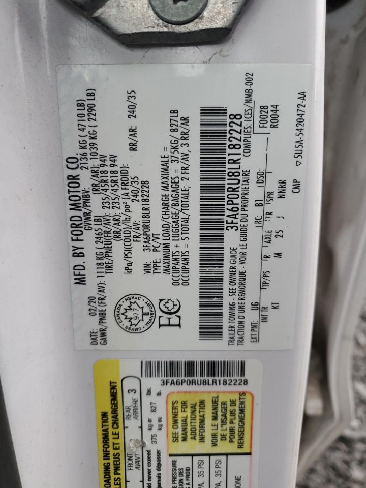 2020 Ford Fusion Titanium VIN: 3FA6P0RU8LR182228 Lot: 92011365