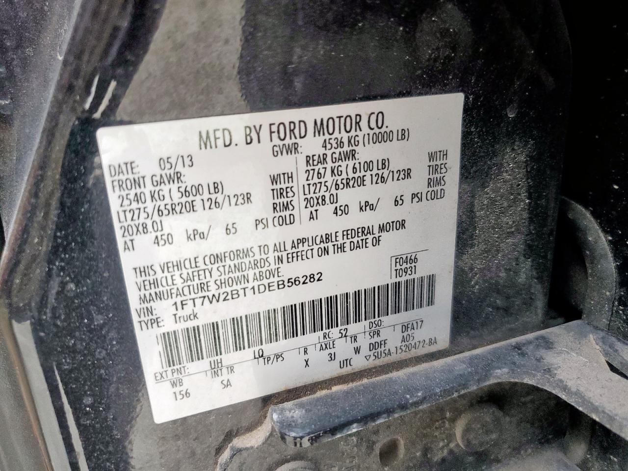 2013 Ford F250 Super Duty VIN: 1FT7W2BT1DEB56282 Lot: 93320085