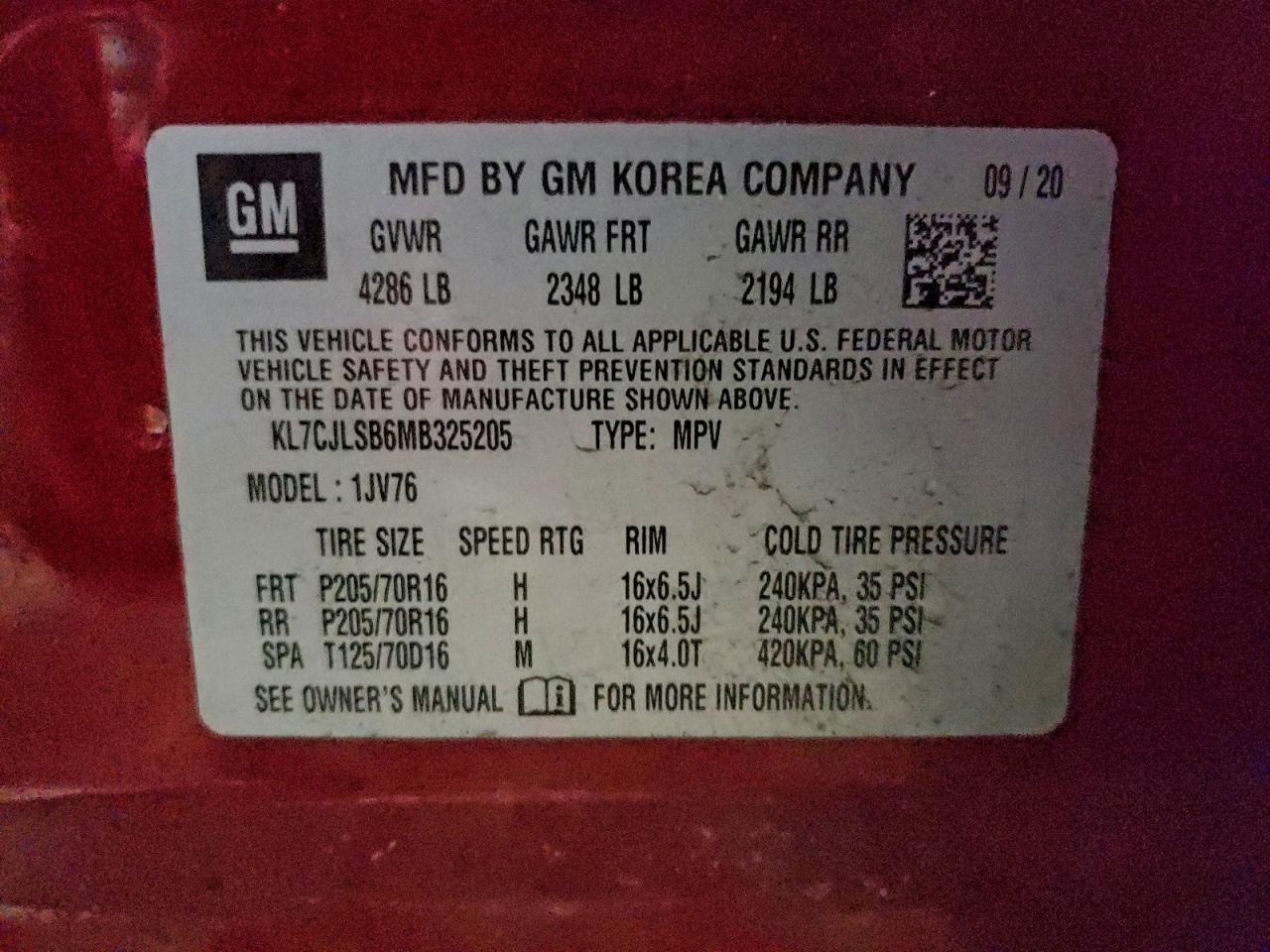 2021 Chevrolet Trax 1Lt VIN: KL7CJLSB6MB325205 Lot: 93874715