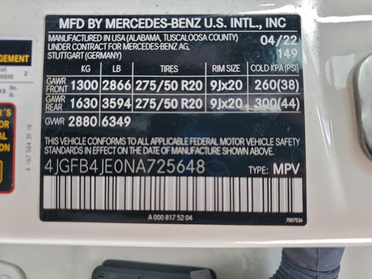 2022 Mercedes-Benz Gle 350 VIN: 4JGFB4JE0NA725648 Lot: 93437745