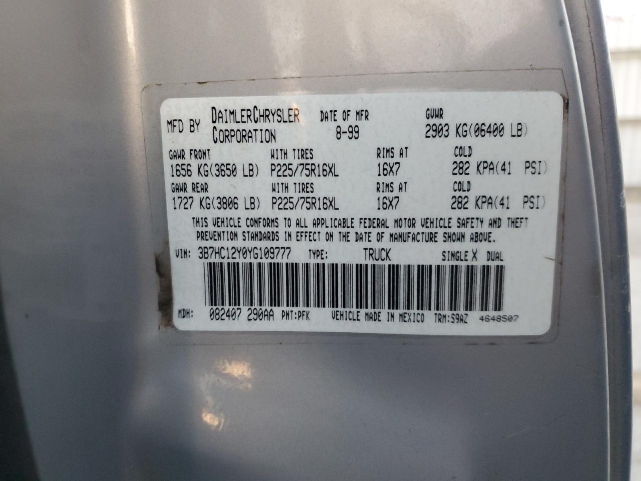 2000 Dodge Ram 1500 VIN: 3B7HC12Y0YG109777 Lot: 91256225
